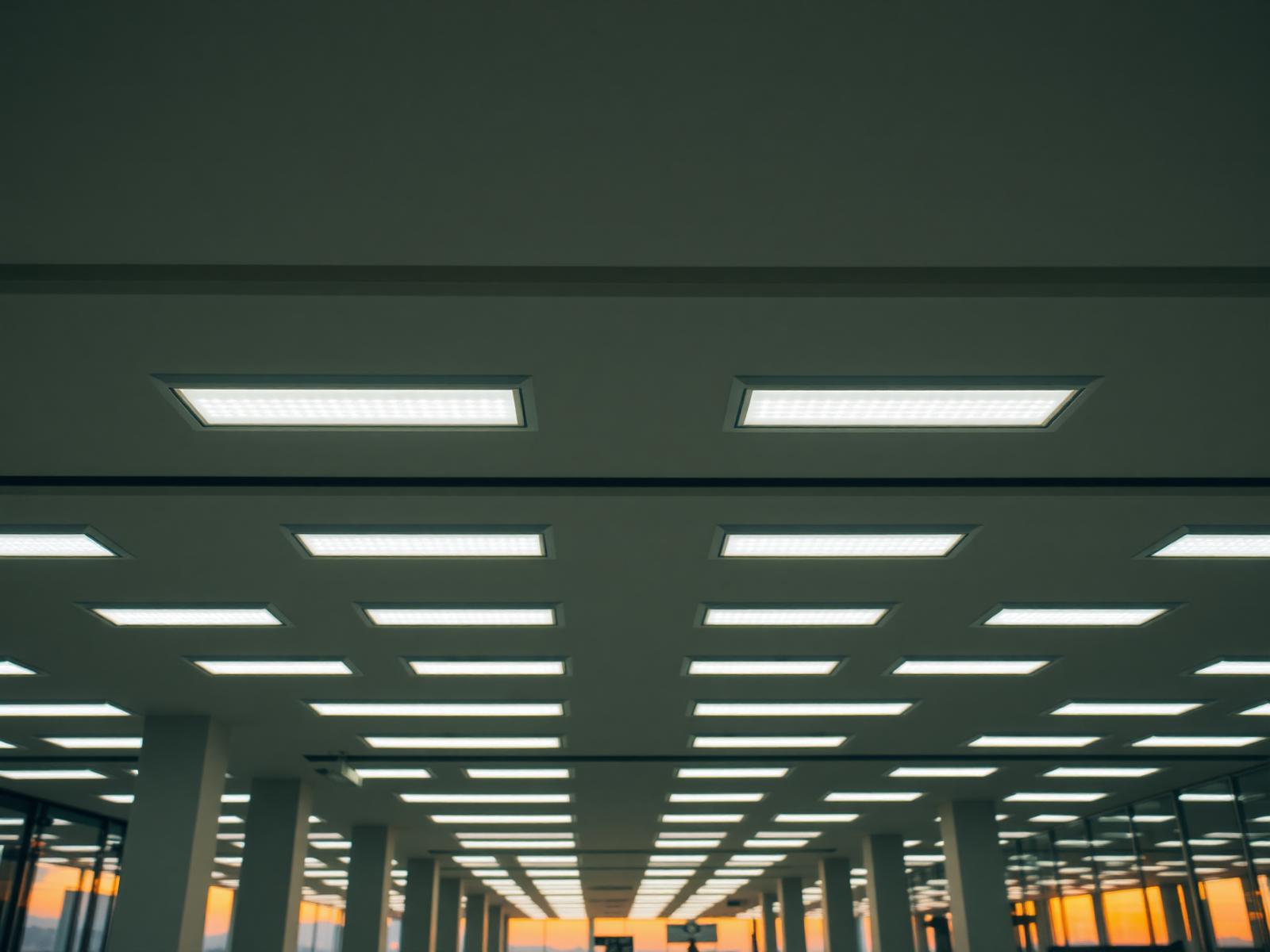 MFP01 LED panels installed across a commercial office ceiling